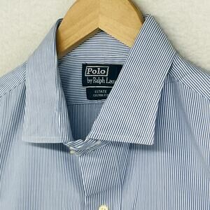 POLO RALPH LAUREN Shirt Mens 16.5 32-33 ESTATE Custom Dress Oxford Striped Blue